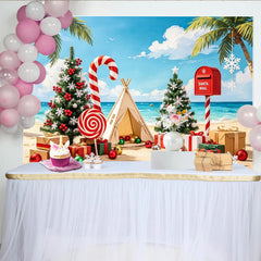 Lofaris Tropischer Strand-Weihnachtshintergrund mit Palmen und Geschenken, festliche Fotowand für Sommer-Weihnachtsfeier