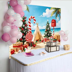 Lofaris Tropischer Strand-Weihnachtshintergrund mit Palmen und Geschenken, festliche Fotowand für Sommer-Weihnachtsfeier