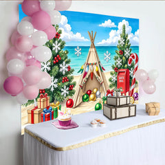 Lofaris Tropischer Strand-Weihnachtshintergrund mit Tipi, Geschenken und Zuckerstange, festliche Kulisse für einzigartige Winter-Partyfotos