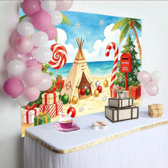 Lofaris Tropischer Weihnachtsstrand Hintergrund mit Palmen, Geschenken und Zuckerstangen, festliche Kulisse für sommerliche Feiern