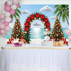 Lofaris Tropischer Strand-Weihnachtshintergrund mit Palmen und Geschenken, festliche Kulisse für Winterpartys und Fotoshootings