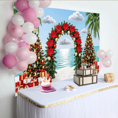 Lofaris Tropischer Strand-Weihnachtshintergrund mit Palmen und Geschenken, festliche Kulisse für Winterpartys und Fotoshootings
