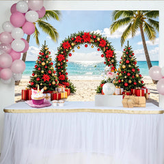 Lofaris Tropischer Strand-Weihnachtshintergrund mit Palmen, roten Weihnachtssternen und Geschenken, Kulisse für Winterurlaub Fotoshootings