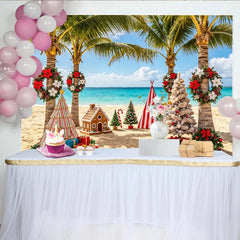 Lofaris Weihnachtsstrand-Hintergrund mit Palmen und Lebkuchenhaus, festliche Fotowand für einzigartige Urlaubsfotos und Partydekoration