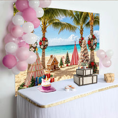Lofaris Weihnachtsstrand-Hintergrund mit Palmen und Lebkuchenhaus, festliche Fotowand für einzigartige Urlaubsfotos und Partydekoration