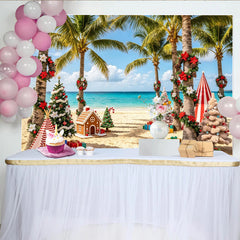 Lofaris Festlicher Weihnachten am Strand Hintergrund mit Palmen und Geschenken, winterliche Kulisse mit Lebkuchenhaus für Fotoshootings