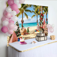 Lofaris Festlicher Weihnachten am Strand Hintergrund mit Palmen und Geschenken, winterliche Kulisse mit Lebkuchenhaus für Fotoshootings