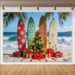 Lofaris Tropischer Strand Weihnachtshintergrund mit Surfbrettern und Weihnachtsbaum, festliche Kulisse für Fotoshootings und Partydekoration