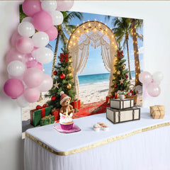 Lofaris Tropischer Weihnachtshintergrund mit Palmen und geschmückten Weihnachtsbäumen, elegante Kulisse für festliche Strandfotoshootings