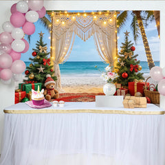 Lofaris Festlicher tropischer Strand-Weihnachtshintergrund mit Palmen, gemütliche Kulisse für Winterfotografie und Partydekoration