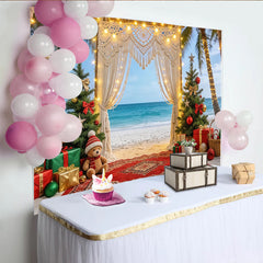 Lofaris Festlicher tropischer Strand-Weihnachtshintergrund mit Palmen, gemütliche Kulisse für Winterfotografie und Partydekoration