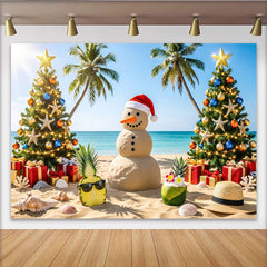 Lofaris Tropischer Weihnachtshintergrund mit Sandmann und Palmen, sommerliche Kulisse für festliche Strandpartys und Urlaubsfotos