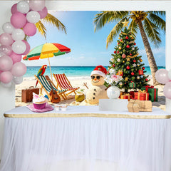 Lofaris Tropischer Weihnachtsstrand Hintergrund mit Palmen und Schneemann, festliche Fotowand für Sommerparty und Urlaubsfotos