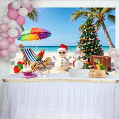 Lofaris Tropischer Weihnachtshintergrund mit Sandmann, Palmen und Baum, festliche Strandkulisse für Fotoshootings und Weihnachtsfeiern