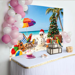Lofaris Tropischer Weihnachtshintergrund mit Sandmann, Palmen und Baum, festliche Strandkulisse für Fotoshootings und Weihnachtsfeiern