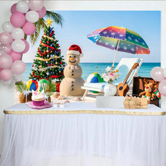 Lofaris Tropischer Weihnachtsstrand-Hintergrund mit Palme und Schneemann, bunte Fotowand für festliche Sommerparty und Urlaubsfotoshooting