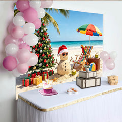 Lofaris Tropischer Weihnachtshintergrund mit Sandschneemann und Palme am Strand, bunte festliche Fotokulisse für Sommer-Feiertags-Partys