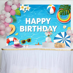 Lofaris Blauer Sommer Pool Geburtstagshintergrund mit Happy Birthday Schriftzug, lebendige Sommerparty Fotowand für Kinder und Erwachsene