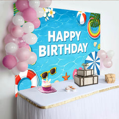 Lofaris Blauer Sommer Pool Geburtstagshintergrund mit Happy Birthday Schriftzug, lebendige Sommerparty Fotowand für Kinder und Erwachsene