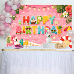 Lofaris Pinker Sommerstrand Geburtstagshintergrund mit Happy Birthday Schriftzug, bunte Fotowand für sommerliche Partys und Fotoshootings