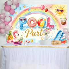 Lofaris Bunter Poolparty Hintergrund mit Regenbogen und Flamingo, fröhliche Sommerdekoration für Fotoshooting und Kinderpartys