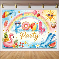 Lofaris Bunter Poolparty Hintergrund mit Regenbogen und Flamingo, fröhliche Sommerdekoration für Fotoshooting und Kinderpartys