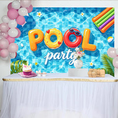 Lofaris Blauer Poolparty Hintergrund mit Schwimmreifen und Palmen, fröhliche Sommer Kulisse für Fotoshootings und Partydekoration