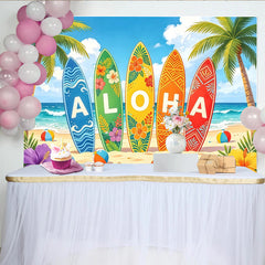 Lofaris Bunter Hawaii Strand Hintergrund mit Surfbrettern und Palmen, tropische Fotokulisse für Sommerparty und Urlaubsfotos