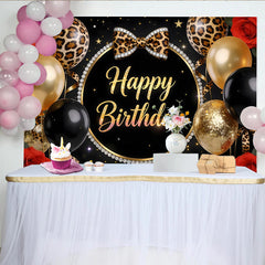 Lofaris Schwarz-Gold Leopardendruck Geburtstagshintergrund mit Happy Birthday, glitzernden Ballons und roten Rosen, stilvolle Party Kulisse