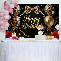 Lofaris Eleganter Leoparden-Geburtstagshintergrund Schwarz Gold, mit roten Rosen und Glitzer, stilvolle Kulisse für Partyfotos