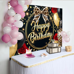 Lofaris Leopardendruck Schwarz-Gold Geburtstagshintergrund mit roten Rosen und Ballons, funkelnde Partykulisse für Fotoshooting