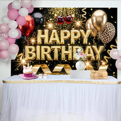 Lofaris Schwarz Gold Glitzer Geburtstagshintergrund mit Happy Birthday Schriftzug, festliche Fotokulisse für Party und Fotoshooting