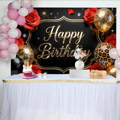 Lofaris Luxuriöser Schwarz Gold Geburtstagshintergrund mit roten Rosen, funkelnde Ballons und Leopardenmuster Kulisse für Fotoshooting