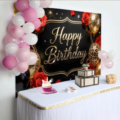 Lofaris Luxuriöser Schwarz Gold Geburtstagshintergrund mit roten Rosen, funkelnde Ballons und Leopardenmuster Kulisse für Fotoshooting