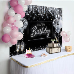 Lofaris Schwarz-Silberner Happy Birthday Hintergrund mit Ballons und Glitzer, elegante Fotowand für festliche Anlässe und Partys