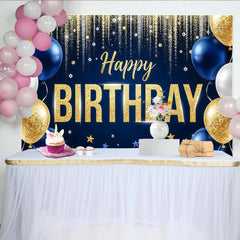 Lofaris Eleganter blau goldener Happy Birthday Hintergrund mit Glitzer und Ballons, festliche Kulisse für Fotoshooting und Partydekoration