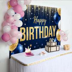 Lofaris Eleganter blau goldener Happy Birthday Hintergrund mit Glitzer und Ballons, festliche Kulisse für Fotoshooting und Partydekoration
