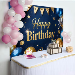 Lofaris Glitzernder Gold-Blau Geburtstagsfotohintergrund mit Luftballons und Sternen, festliche Kulisse für unvergessliche Fotos