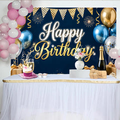 Lofaris Gold-Blau Happy Birthday Festlicher Geburtstagshintergrund, mit glitzernden Ballons und Sekt, elegante Fotokulisse für Feiern