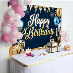 Lofaris Gold-Blau Happy Birthday Festlicher Geburtstagshintergrund, mit glitzernden Ballons und Sekt, elegante Fotokulisse für Feiern