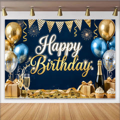 Lofaris Gold-Blau Happy Birthday Festlicher Geburtstagshintergrund, mit glitzernden Ballons und Sekt, elegante Fotokulisse für Feiern