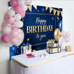 Lofaris Blau-goldener Geburtstagshintergrund mit Happy Birthday Schriftzug, elegante Party Kulisse für Fotoshootings