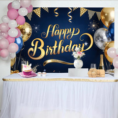 Lofaris Eleganter Happy Birthday Hintergrund in Dunkelblau Gold mit Luftballons und Sternen, Fotowand für stilvolle Partydekoration