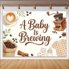 Lofaris Aquarell Kaffee Babyparty Hintergrund für werdende Eltern, gemütliche Fotowand mit Kaffeebohnen und Babykleidung als Deko