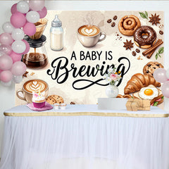 Lofaris Kaffee Frühstück Babyparty Hintergrund mit Babyflasche und Gebäck, stilvolle Fotowand für Baby Shower Feier