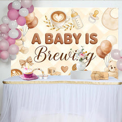 Lofaris Gemütlicher Kaffee Babyparty Hintergrund mit Teddybären und Latte Art, charmante Fotowand für Baby Shower Feier und Fotoshooting