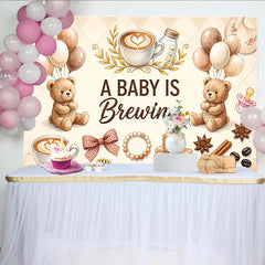 Lofaris Warmer Kaffee-Babyparty-Hintergrund mit süßen Teddybären und Latte Art, braune Luftballons Babyblöcke Fotowand für Dekoration