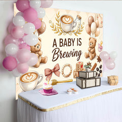 Lofaris Warmer Kaffee-Babyparty-Hintergrund mit süßen Teddybären und Latte Art, braune Luftballons Babyblöcke Fotowand für Dekoration