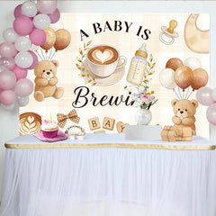 Lofaris Kaffee-Babyparty Hintergrund mit Teddybären und Ballons, gemütliche Kulisse für Baby Shower Fotoshooting
