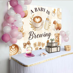 Lofaris Kaffee-Babyparty Hintergrund mit Teddybären und Ballons, gemütliche Kulisse für Baby Shower Fotoshooting